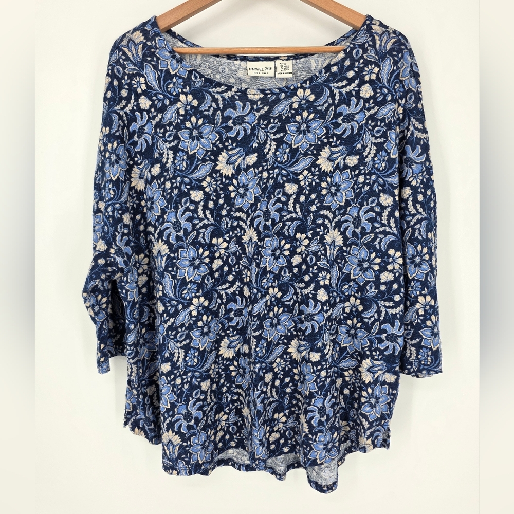 Rachel Zoe Linen Blue Floral Stretch Knit Top, Sz 2X
